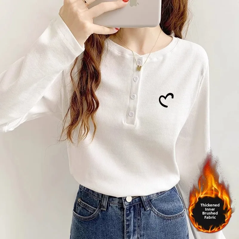 T-shirt Long en coton pour femmes, flanelle, Base de boutons chaude, irt, pour les déplacements, taille haute, rond, Anti-saleté