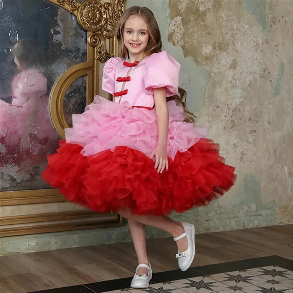 

Pink Red Flower Girl Wedding Dress Satin Short Sleeves Bow Puffy Birthday Dress Princess Pageant Party Gown for Girls Customized