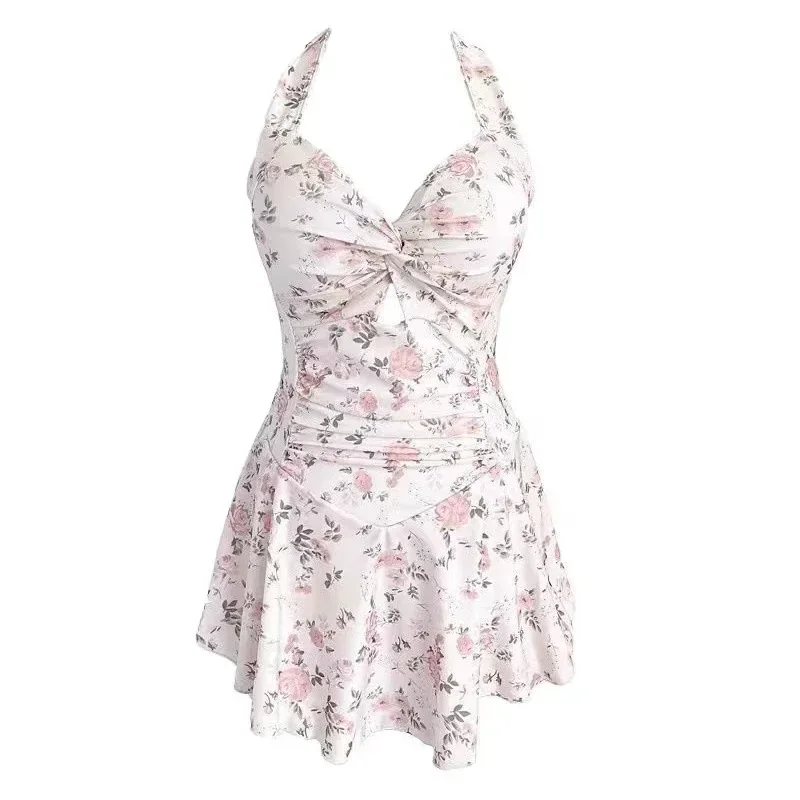Traje de baño bonito y dulce con cuello colgante para mujer, ropa de playa Sexy de una pieza, traje de baño, Vestido de playa, traje de baño de cintura alta para niñas