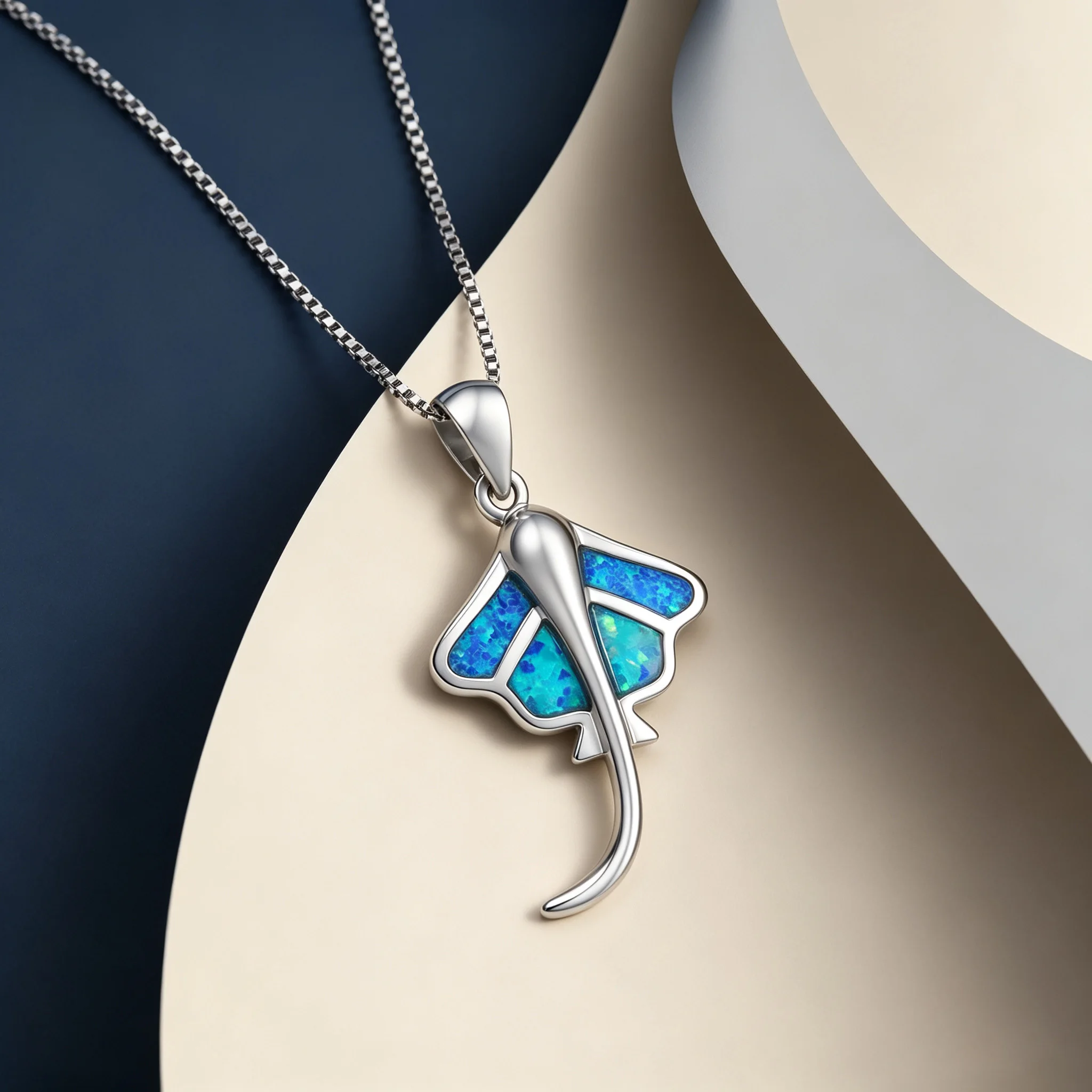 Stylish Manta Ray Opal Pendant Necklace Ocean Inspired Women Chain Jewelry for Beach Vacation Party Birthday Anniversary Gift