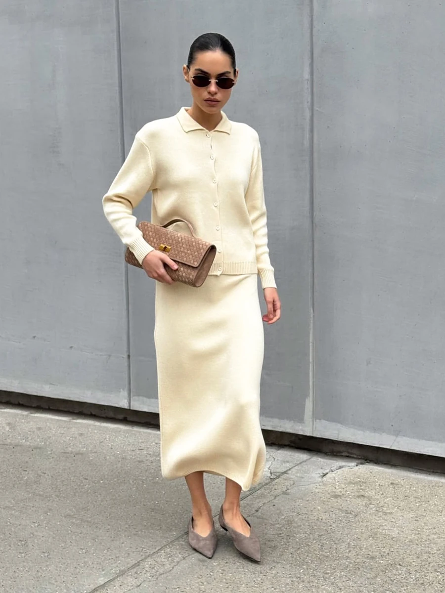 Wolfeel Damen-Set mit Polokragen, zweiteilig, modischer Cardigan mit Knöpfen, langärmliges Oberteil und Rock, geeignet für den täglichen Weg zur Arbeit