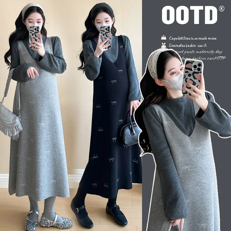 Maternity Suit Spring Autumn Minimalist Cute Bow Embroidery Sleeveless Vest Dress And Base Top Two Piece Set For Pregnant Women