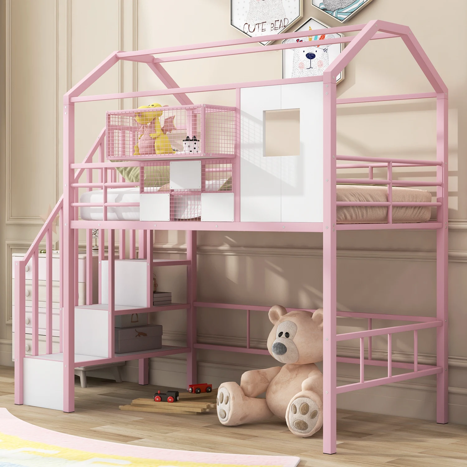 Metal Loft Bed with Roof Design, Storage Box, Twin Size, Pink - Space-Saving and Stylish Bed Frame