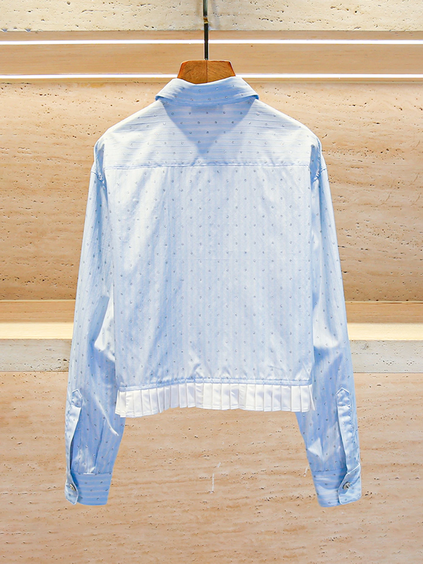 Csa azul adornada com strass, e, estilo doce e rico, moda premium fena, coleção de outono, corte reto, manga co...