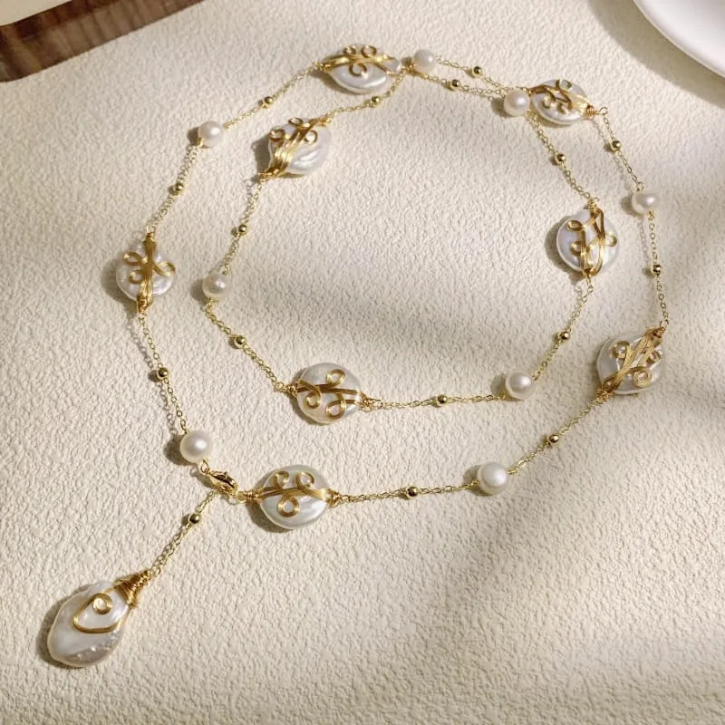Handmade jewelry set, baroque style wire-wound bracelet, freshwater pearl, baroque copper plated with 14K gold necklace