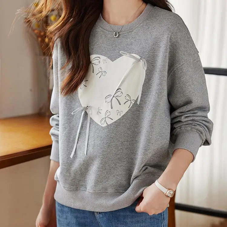

Loose Long Sve Hoodie Women's Autumn New Sle Pure Cotton round Ne Pullover Simple Top Match All Casual Outerwear