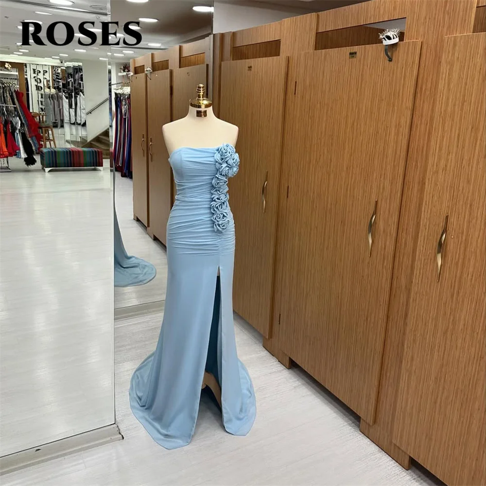 

ROSES Blue Mermaid Prom Dress Strapless Pleat Celebrity Dresses Stain Women's Evening Dress 3D Flower Formal Gown Customized