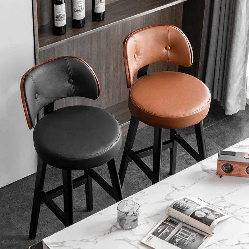 Solid Wood Bar Chair Simple Luxurious Household Leather Retro Leather Bar Chair Backrest High Footed Stool Home Furniture