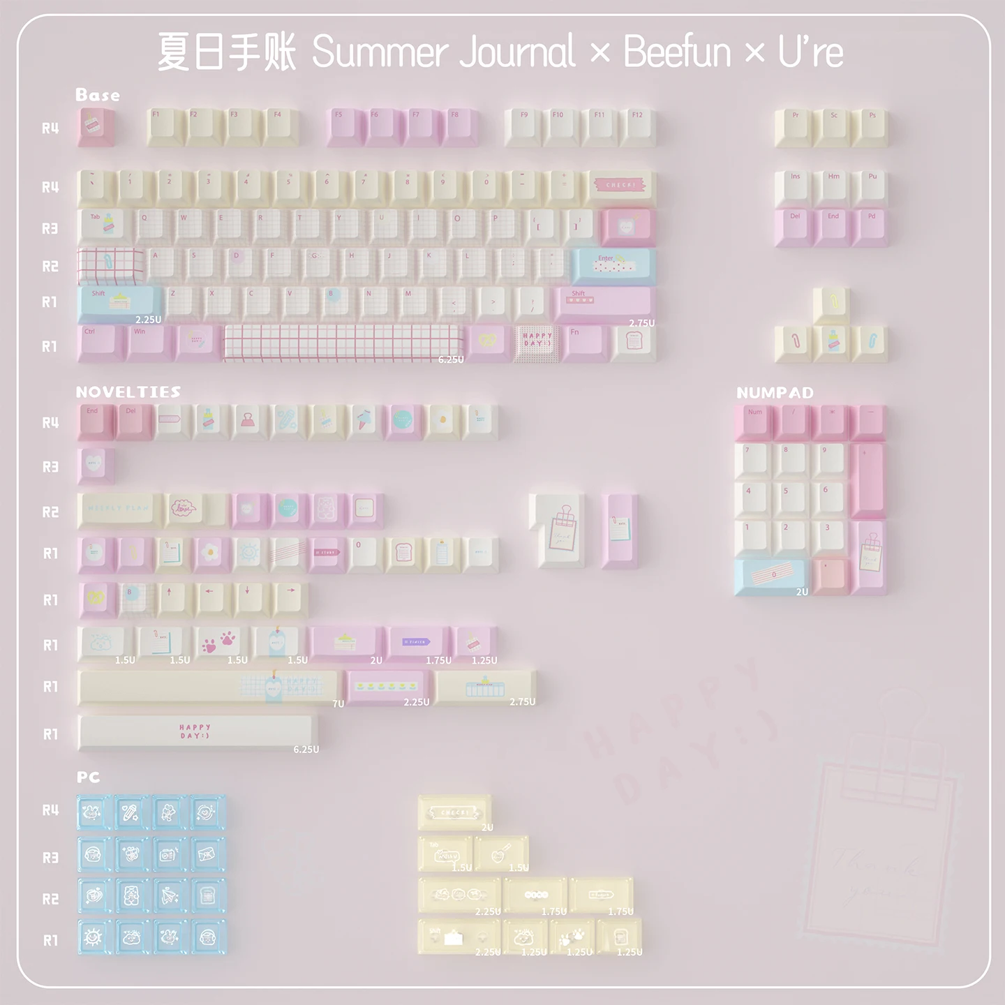 

Набор клавишных колпачков URE Summer Journal Keycaps Dye-sub Cherry Profile PC PBT, розовые, милые, для механических клавиатур MX 61/68/96/104