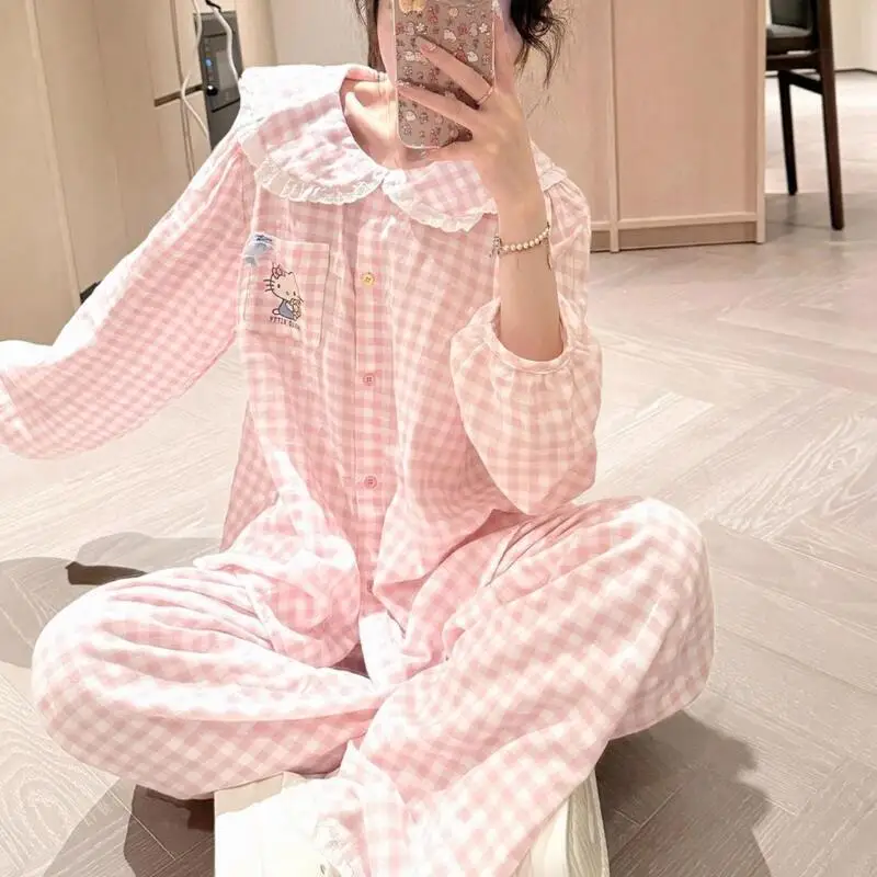 

Sanrios Cute Pajamas Hello Kittys Girls Long Sleeve Pants Sweet Simple Loose Home Clothes Print Creative Gift for Girlfriend