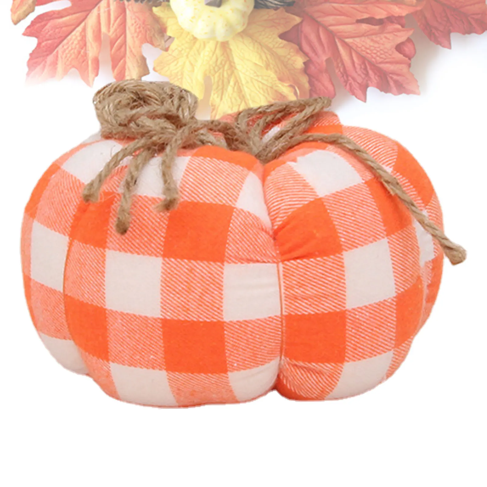 Orange Plaid Fabric Pumpkins Unique Design Artificial Rustic Harvest Pumpkins Durable Thanksgiving Party Halloween Holiday