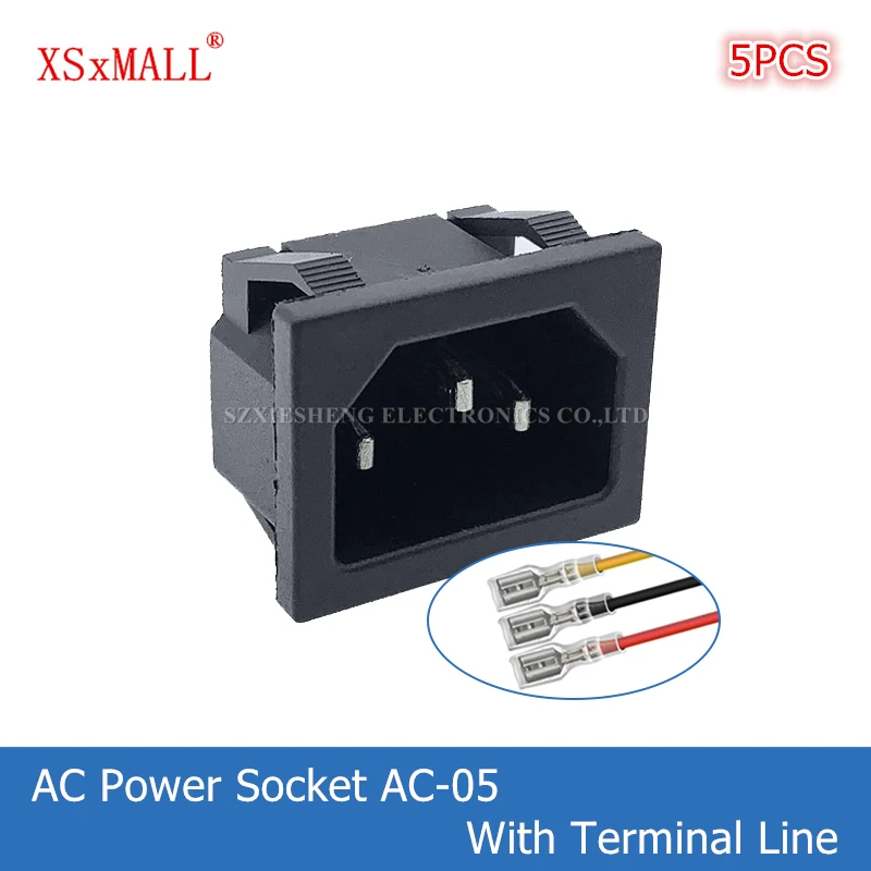 5PCS AC Power Socket AC-05 10A250V 3Pin Male Plug Connector Socket Snap Copper Core With 18AWG Terminal Line