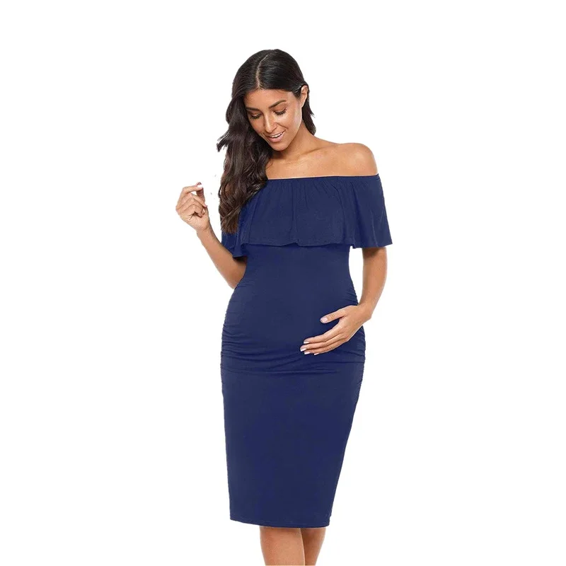 Cotton Nursing Ruffles Maternity Dresses Off Shoulder Pregnancy Ruffle Shoulderless Women Bodycon Dress Summer Pregnant