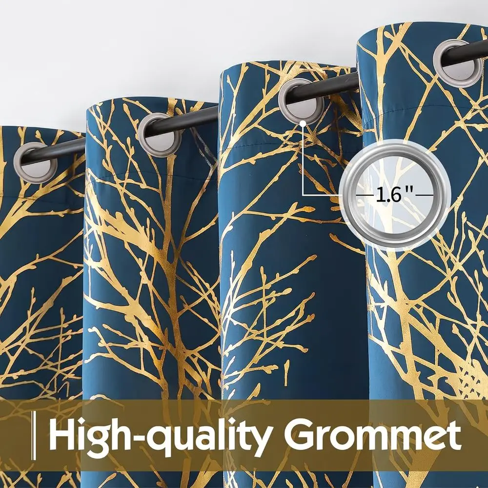 Elegantes 96 cortinas con estampado de árbol de lámina dorada y azul para dormitorio y sala de estar, paneles modernos con ojales de rama metálica