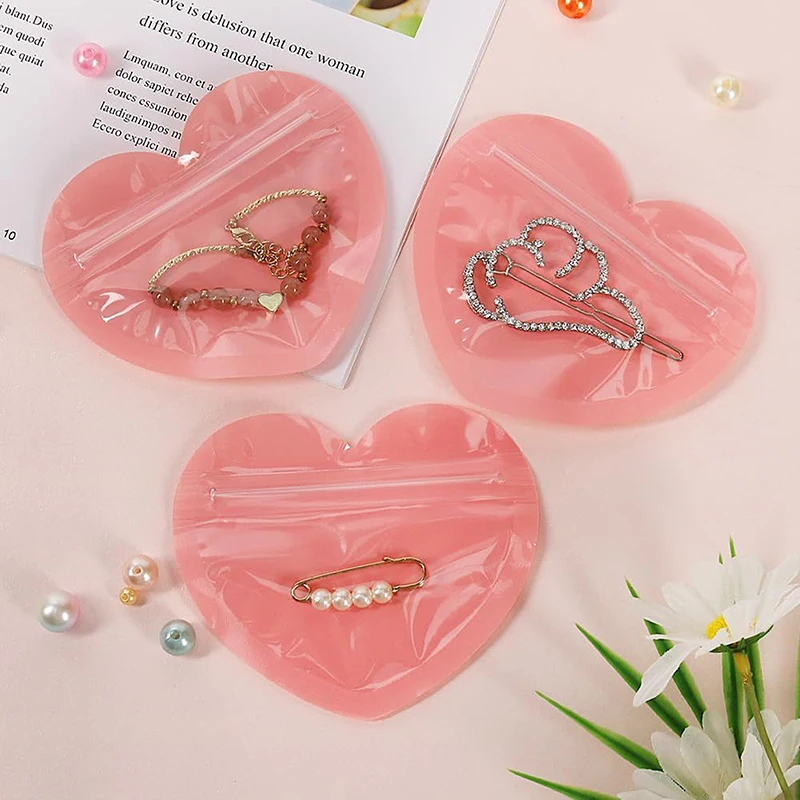 Bolsa iridiscente con cierre de cremallera para joyería, bolsas de sellado de plástico transparente con forma de corazón para exhibición de joyería, embalaje para collar, pendientes y pulsera, 10 piezas