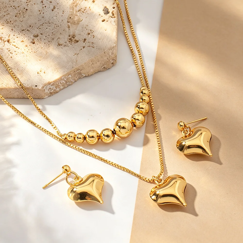 Women’s Love Heart Jewelry Set Gold Color Glossy Puffy Heart Double Chain Necklace Earrings Daily Valentine Holiday Gift For Her