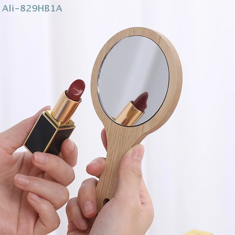 1PC Portable Round Wood Vintage Hand Mirror Women Long Handle Make Up Mirrors Home Decoration