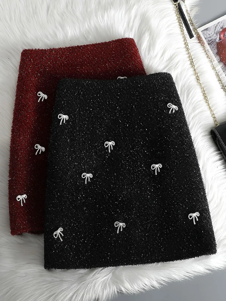 Elegant Bow Tweed Woolen Half Skirt for Women Autumn Winter New Anti Glare High Waist Slim Party Package Hips Skirts