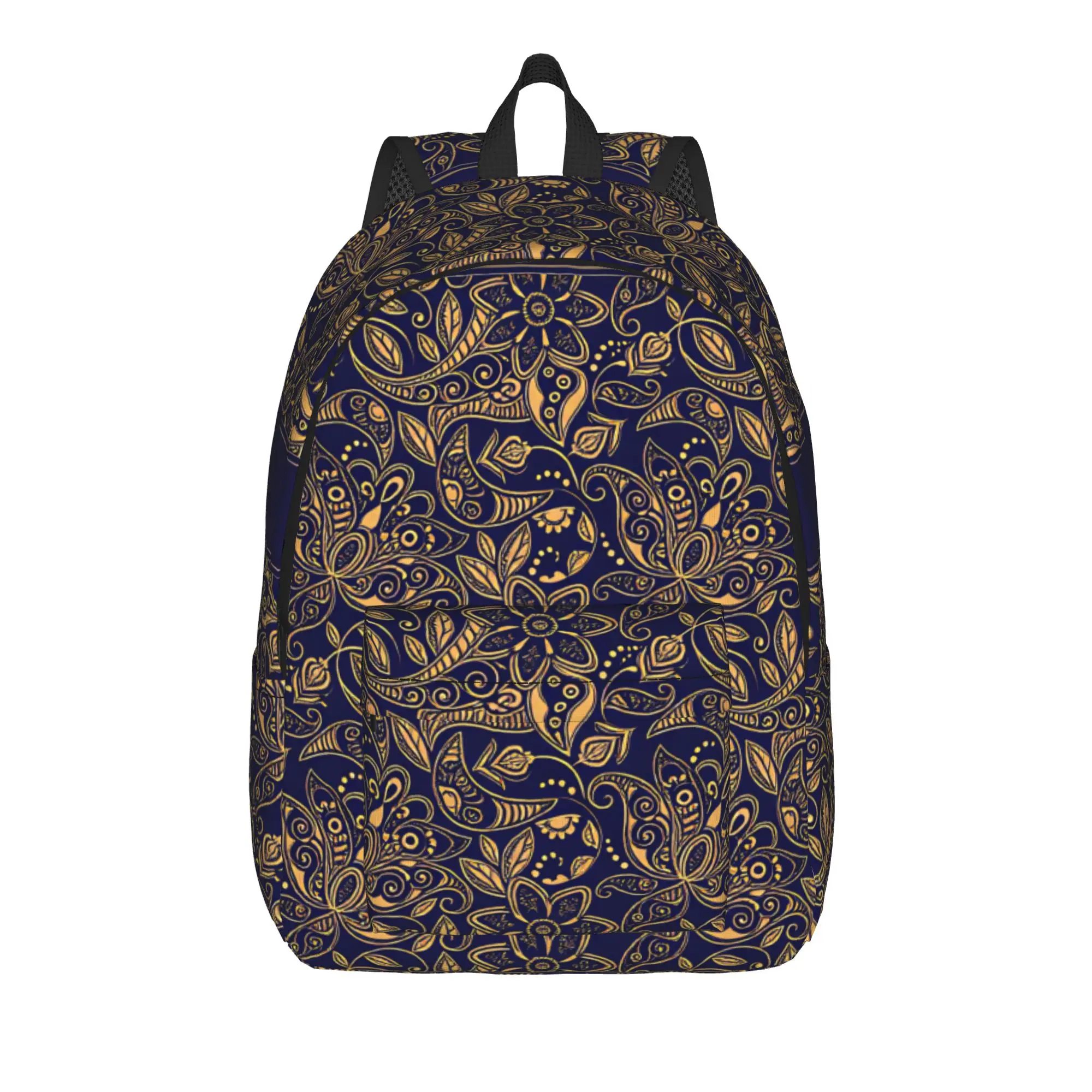 Dark Navy Gold Line Paisley Floral Backpack Unisex  Breathable Backpacks Polyester Cute High School Bags Camping Rucksack