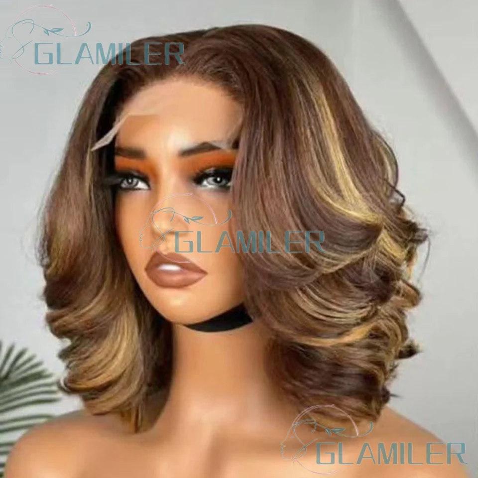 باروكات بوب دانتيل كاملة 360/مزودة مسبقًا، باروكات بوب قصيرة مموجة فضفاضة ومموجة، أشقر بني # 4/27 تسليط الضوء على الشعر البشري 5x5 الحرير أعلى إغلاق الباروكات