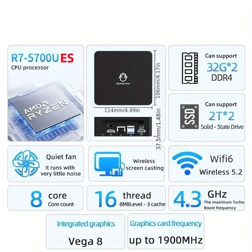 Imagen 2 del producto 2025 GenMachine nuevo Mini PC R7 5700U 4800H ES AMD Ryzen7 5700U 4800H ES CPU compatible con Windows 10/11 DDR4 3200MHz AMD WiFi6 BT5.2