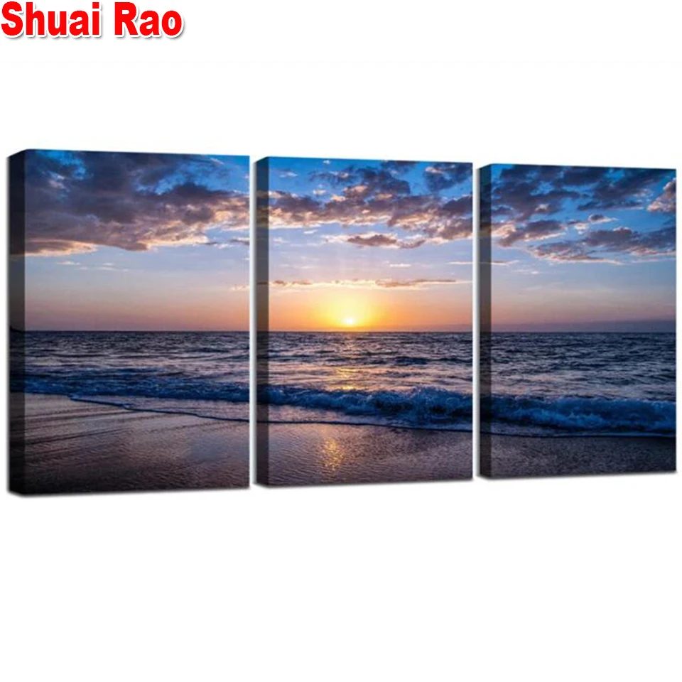 

3 Piece Diamond embroidery Ocean Waves Landscape Full Round Square Diamond Painting Mosaic Triptych 3d Picture Decor Home,