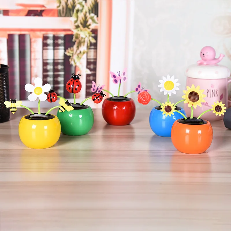 New Creative Cute Solar Apple Flower Car Small Ornaments Cartoon Flower Swing Dancing Centre Console Car Interior Accessories