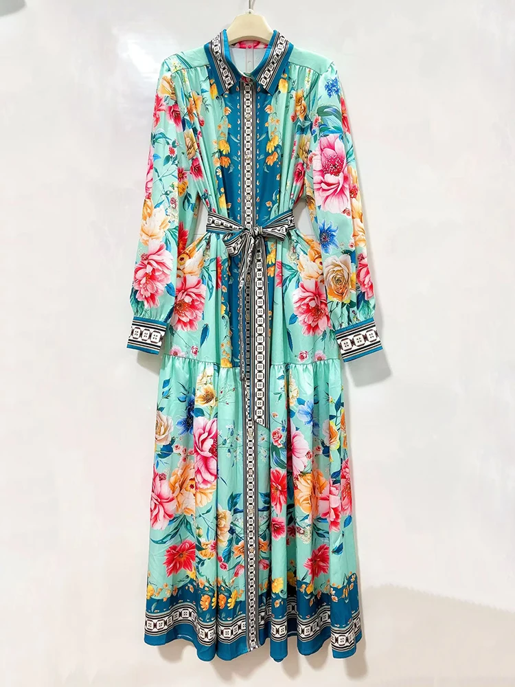 Designer Retro-Kleid mit geometrischem Druck, Reverskragen, Taillenbindung, langes Kleid, Frühjahr 2026, Damenmode, locker, Übergröße, Hemdkleid