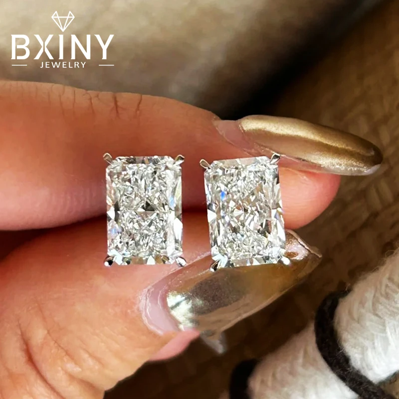 

BXINY Emerald Cut Moissanite Stud Earrings 100%S925 Silver Certified Lab Diamond Ear Studs for Women Men Party Gift Fine Jewelry