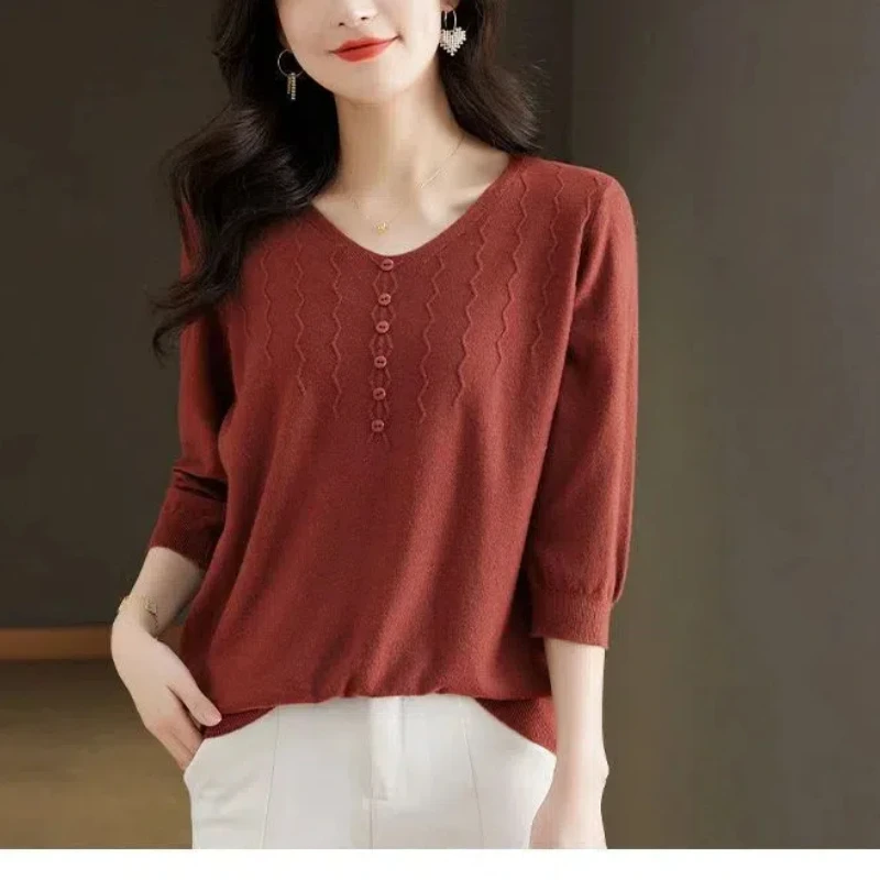 Spring Autumn Women\'s Clothing Solid Color Round Neck Pullover Sweater Knitted Casual Elegant Three Quarter Button Vintage Tops