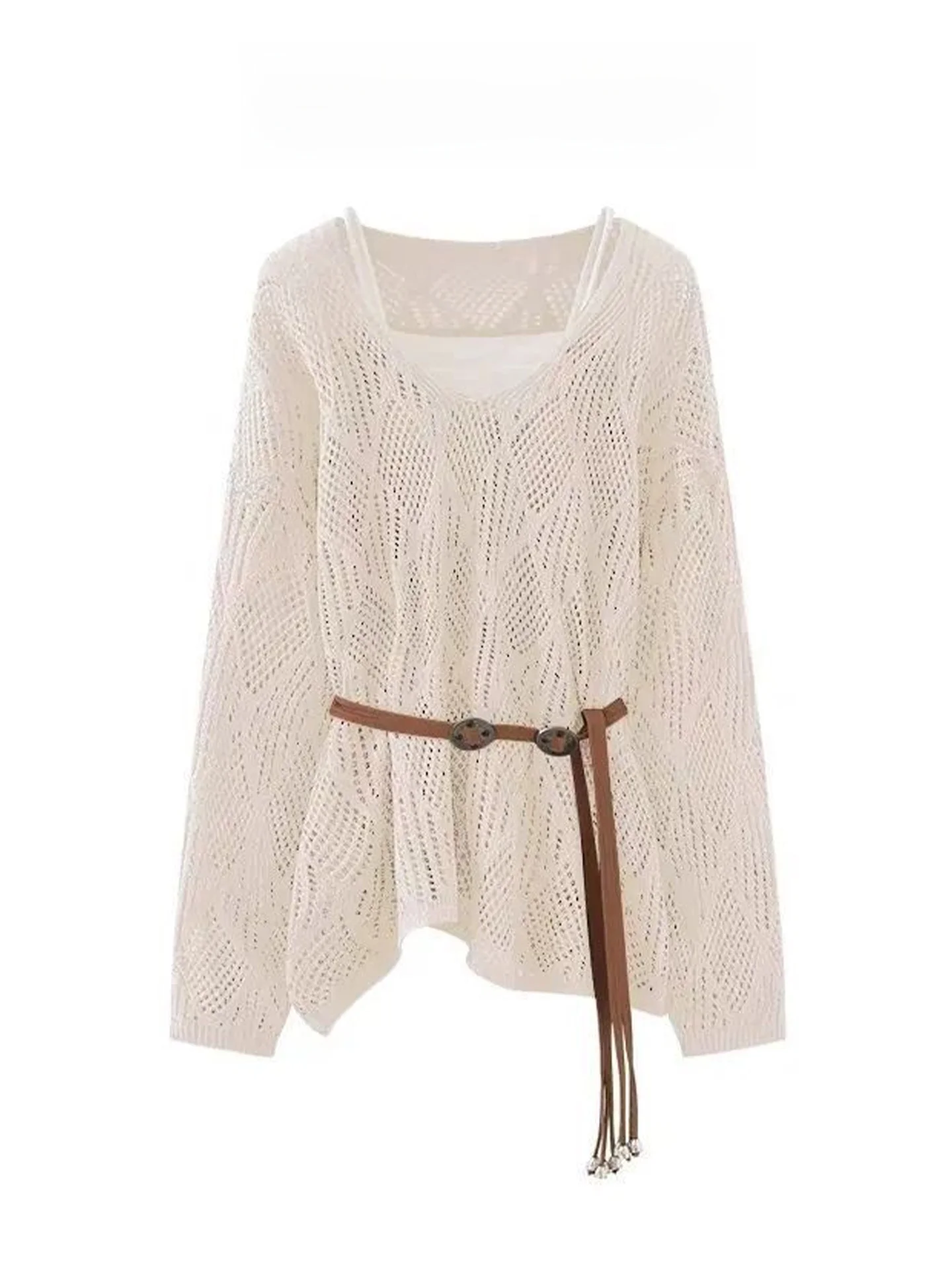 Ladies Hollow out Knitted Top Waist Cord Sun Protection Vest Two Piece Set Summer Casual Wear Comfortable Medium Thickness