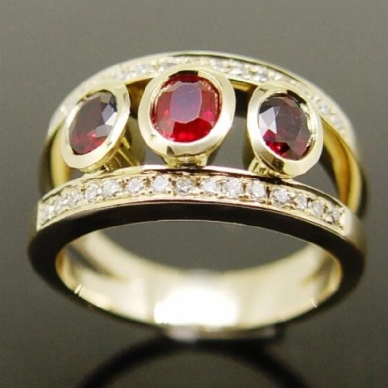 

KSRA 2024 New Fashion Retro Personal Wide Face Creative Gold Inlaid Red Gemstone Hollow Ring For Women Birthday Party Jewelry