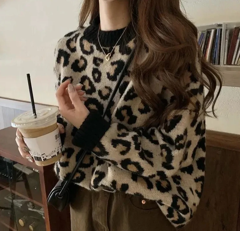 

New Vintage Idle Style Women's Leopard Slip Sweater Loose Fit Base Knitted Top Versatile Pullover Crew Neck