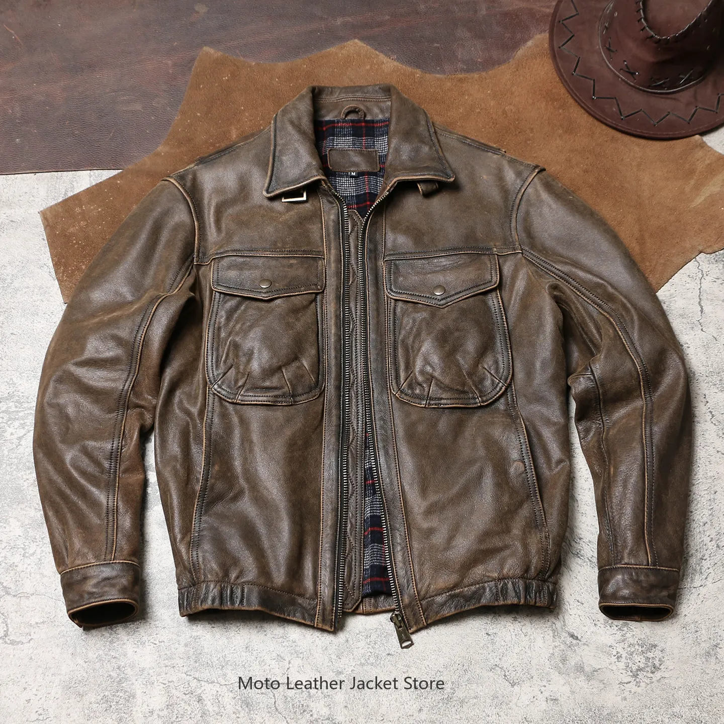 

Vintage Washed Genuine Leather Work Jacket Relaxed Fit Hong Kong Style Distressed Cracked Cowhide Lapel Coat