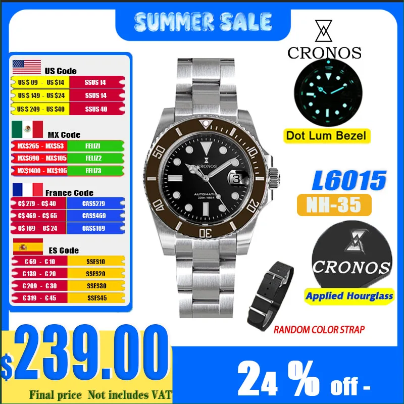 

Cronos Sub Diver Men Luxury Business Watches NH35 Automatic Mechanical Watch Sapphire 200m Waterproof Adjustable Clasp L6015