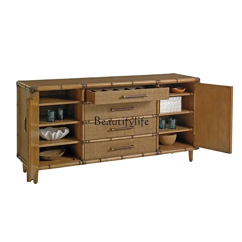 American Retro Country-Style Rattan Solid Wood Bamboo Side Cabinet