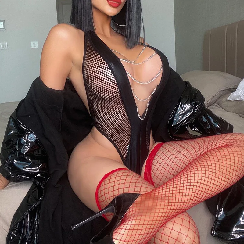 

Sexy Lingerie Women's Milk Gauze Deep V Chain Backless Onesie Costume Women Female Underwear Pajamas Bodysuits Clothes Lace