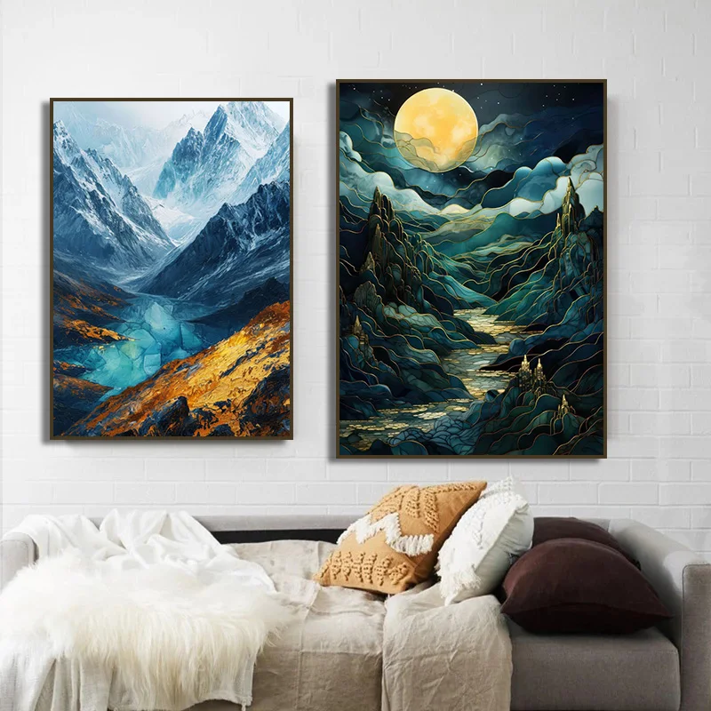 ملصق رسم على قماش القارب الأزرق مطبوع ، شجرة الخريف ، الطيور الطائرة ، الحوت ، الجبل ، الثعلب ، الطبيعة ، فن الجدار ، الصورة ، ديكور المنزل #2