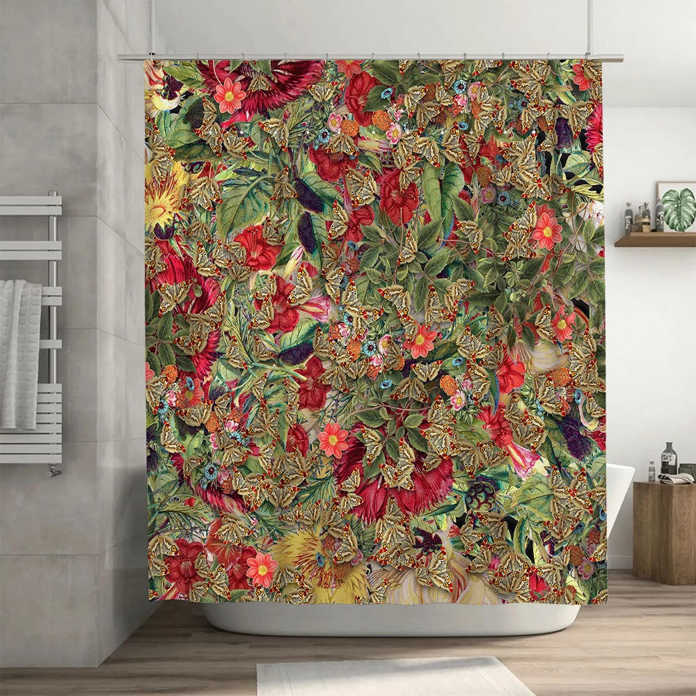 Luxurious Floral Shower Curtain with Butterflies Bathroom Decor for Home Kitchen, Waterproof Fabric in Red, Green, Pink Yellow C - view 3