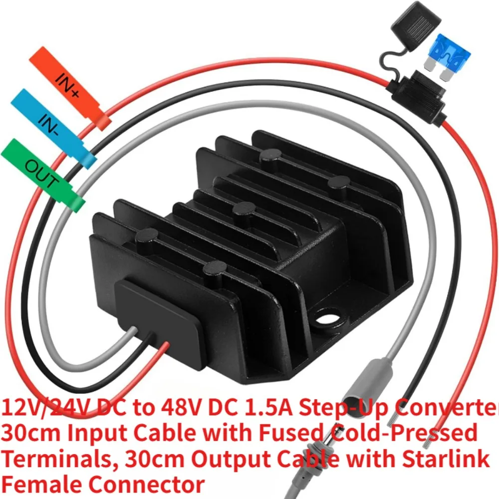 Image of Mini Starlink DC Step-Up-Adapter 9-30V 12/24V auf 48V 1,5A/30V 3,5A Schwarz/Grau mit Zigarettenanzünder-Stecker, Sicherung und Ringklemmen, Stecker/Buchse Kabel
