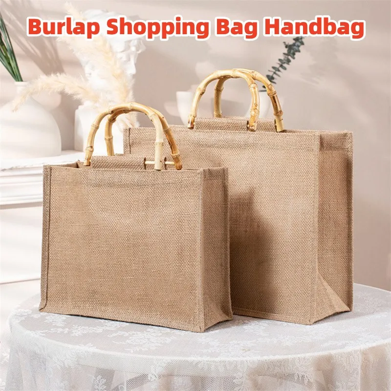 Large Capacity Shopping Bag Jute Shopping Bag Handbag With Bamboo Loop Handles Women Girls Tote Bag Portable Storage Beach Bags