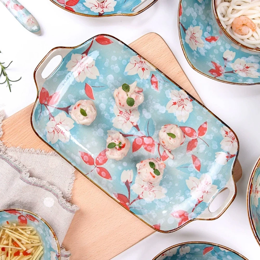 Ceramic Fish Plate Dinner Plates Japanese Kitchen Household Double Ear Vegetable Plate Tableware Rectangular Dining Plate