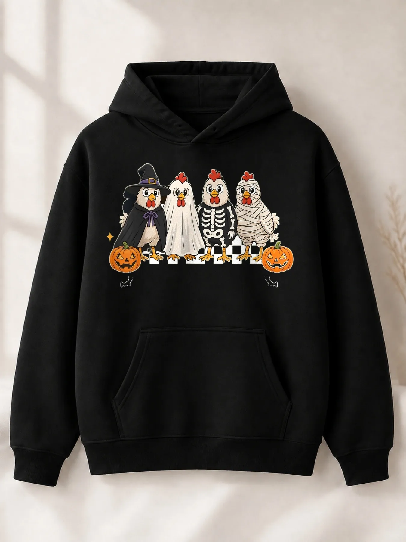 Cute Cartoon-Style Men's Hoodie with Halloween Witch, Ghost, Skeleton, Mummy, Chick, and Pumpkin Designs. Autumn and Winter Holiday Party Season Gift for Family and Friends