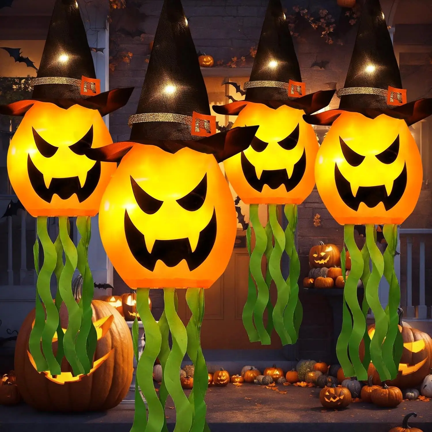 Halloween Decorations Outdoor Decor Hanging Lighted Glowing Pumpkin Witch Hat with 3 Modes Lighted Up Scary Orange Halloween Dec