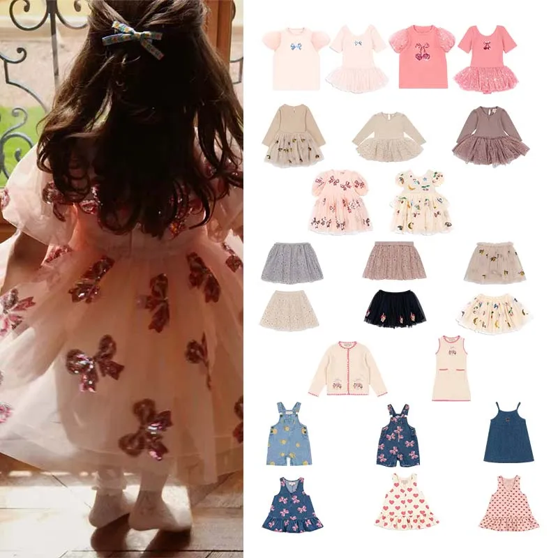 Skirt Suit for Girls 25 Spring and Summer New KS Sequin Dress Children's Princess Tulle Skirt Baby Printed Sling Pants(Presale)