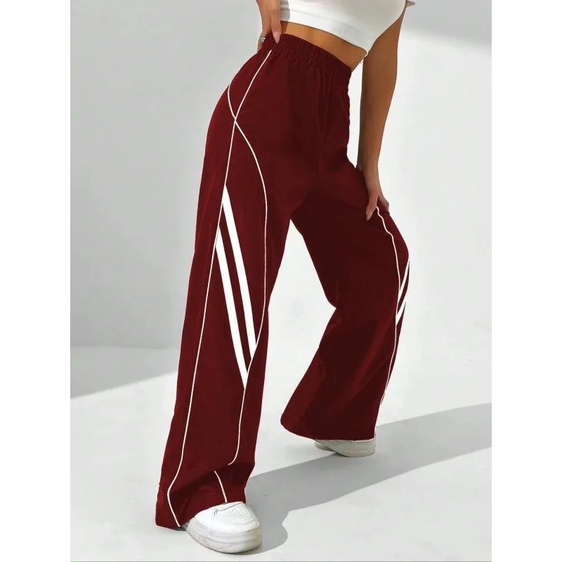 Damskie spodnie plus size, codzienne, z wysokim stanem, wyszczuplające, elastyczne w pasie, z bocznymi szwami, z białym wykończeniem, luźne, do noszenia na zewnątrz, rekreacyjne, sportowe, długie.