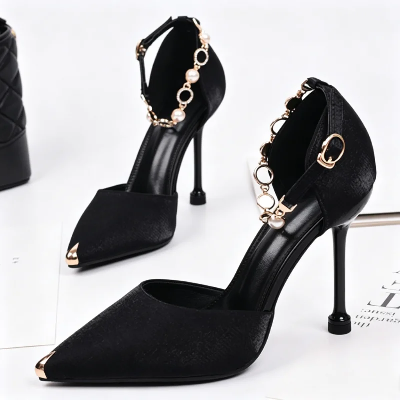 Damen Pumps Spitze Zehe Metallspitze Hohe Absätze Perlenkette Knöchelriemen Stiletto Party Abend Komfort Gehschuhe für Damen