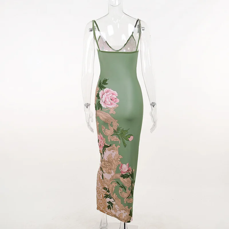 Abito maxi verde floreale da donna Abito lungo aderente aderente estivo Abito da spiaggia per le vacanze Abito con stampa bohémien Abito slim fit