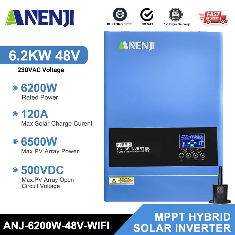 

6.5KVA 6.2KW Hybrid Solar Inverter MPPT 48V Photovoltaic Inverter 230VAC Pure Sine Off Grid PV 500V 120A Solar Charge Controller