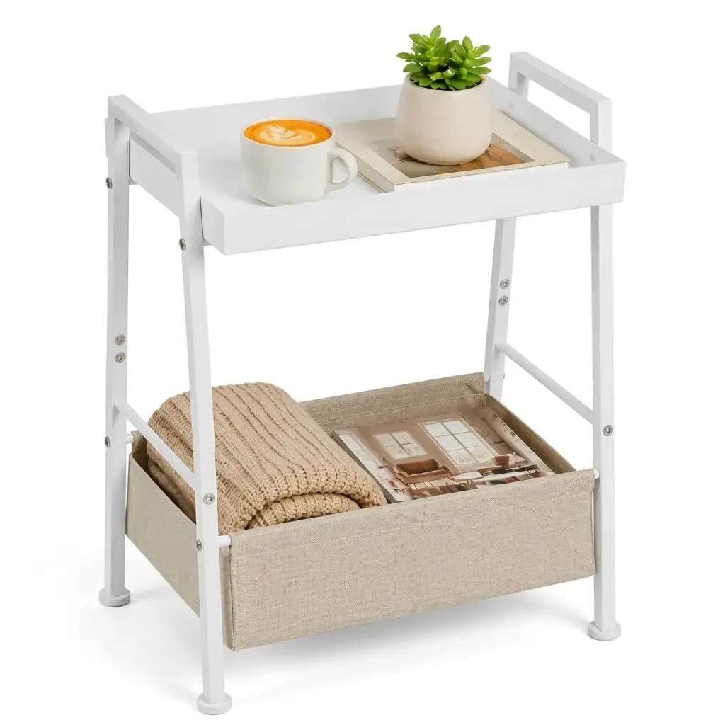 

White 2-Tier Metal Side Table With Removable Fabric Basket And Tray Top For Living Room Bedroom Dorm